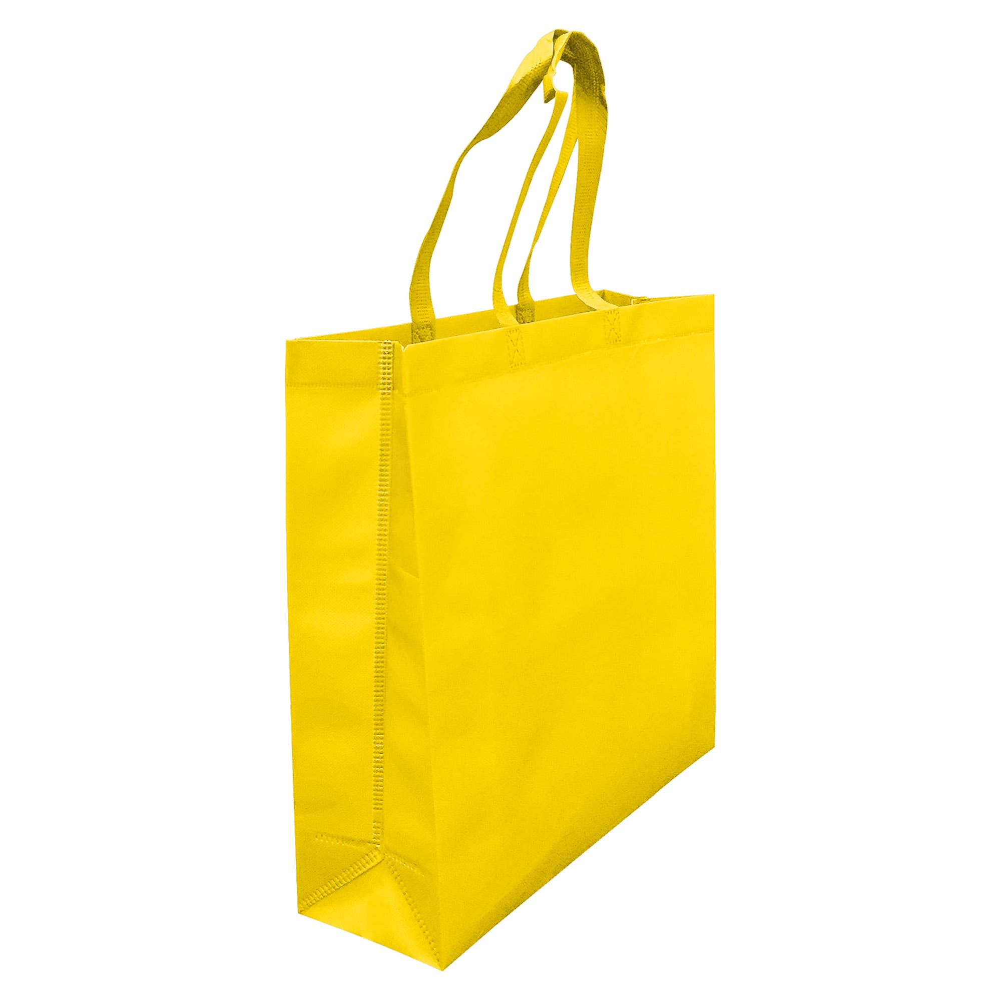 A yellow laminated non-woven tote bag with large gusset and sturdy handles, featuring a logo.