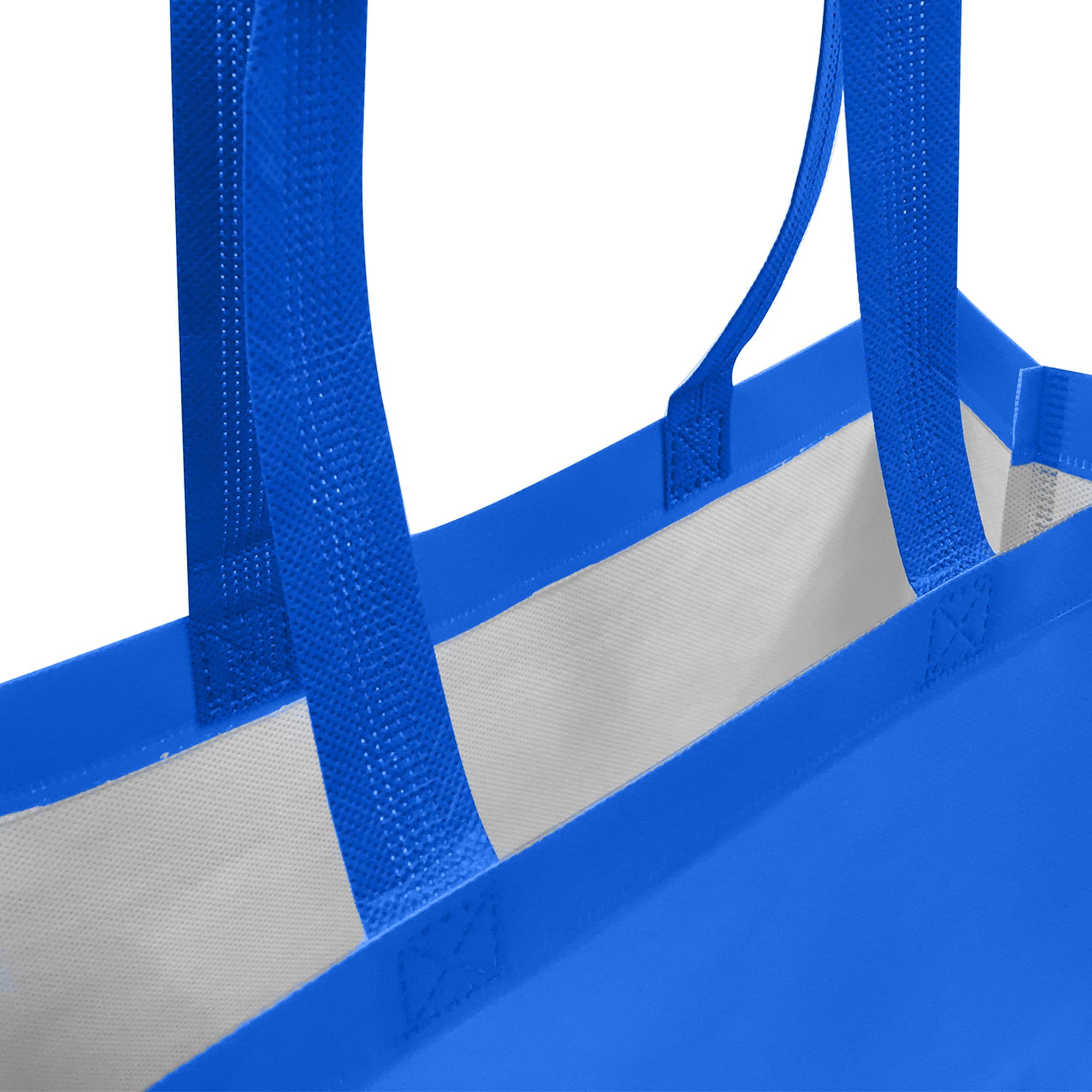 A blue laminated non-woven trade show bag with two strong handles and an open interior. It features a logo.