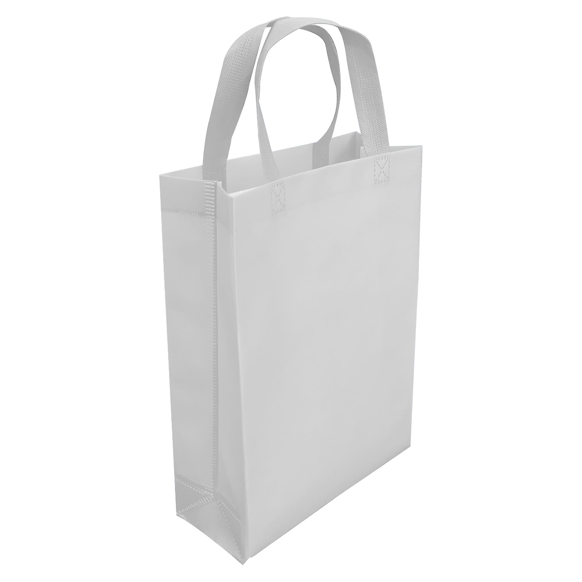 A white laminated non-woven trade show bag with two handles. Features a simple, clean design.