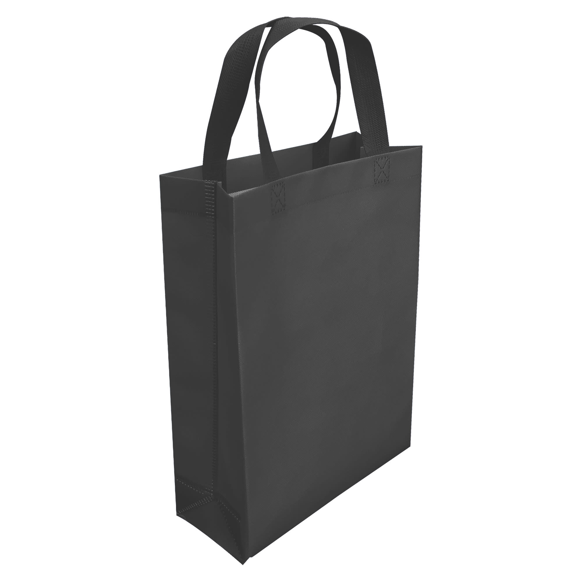 A black laminated non-woven trade show bag with sturdy handles, featuring a simple design and a logo.