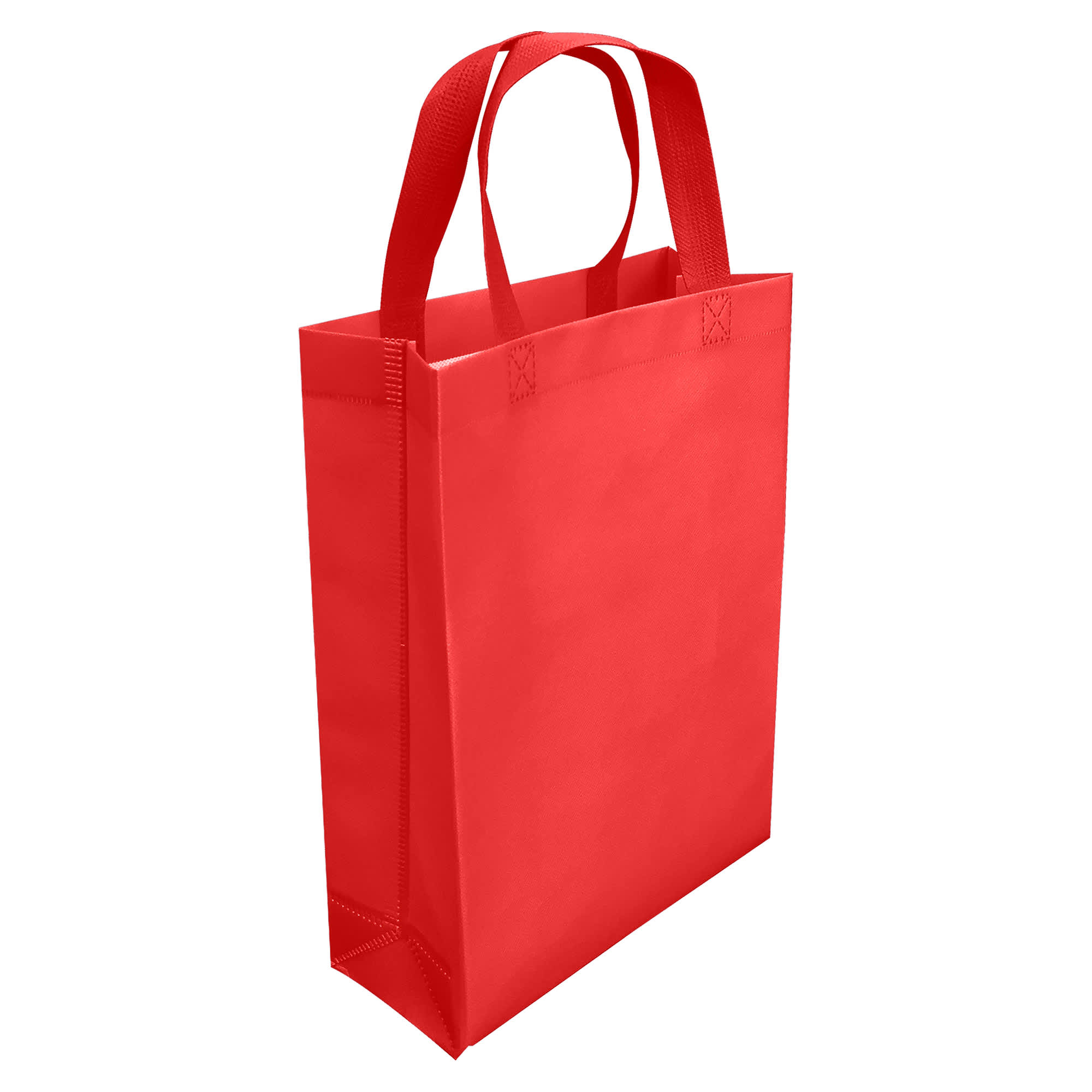 A red laminated non-woven trade show bag with sturdy handles and a flat base, featuring a logo.