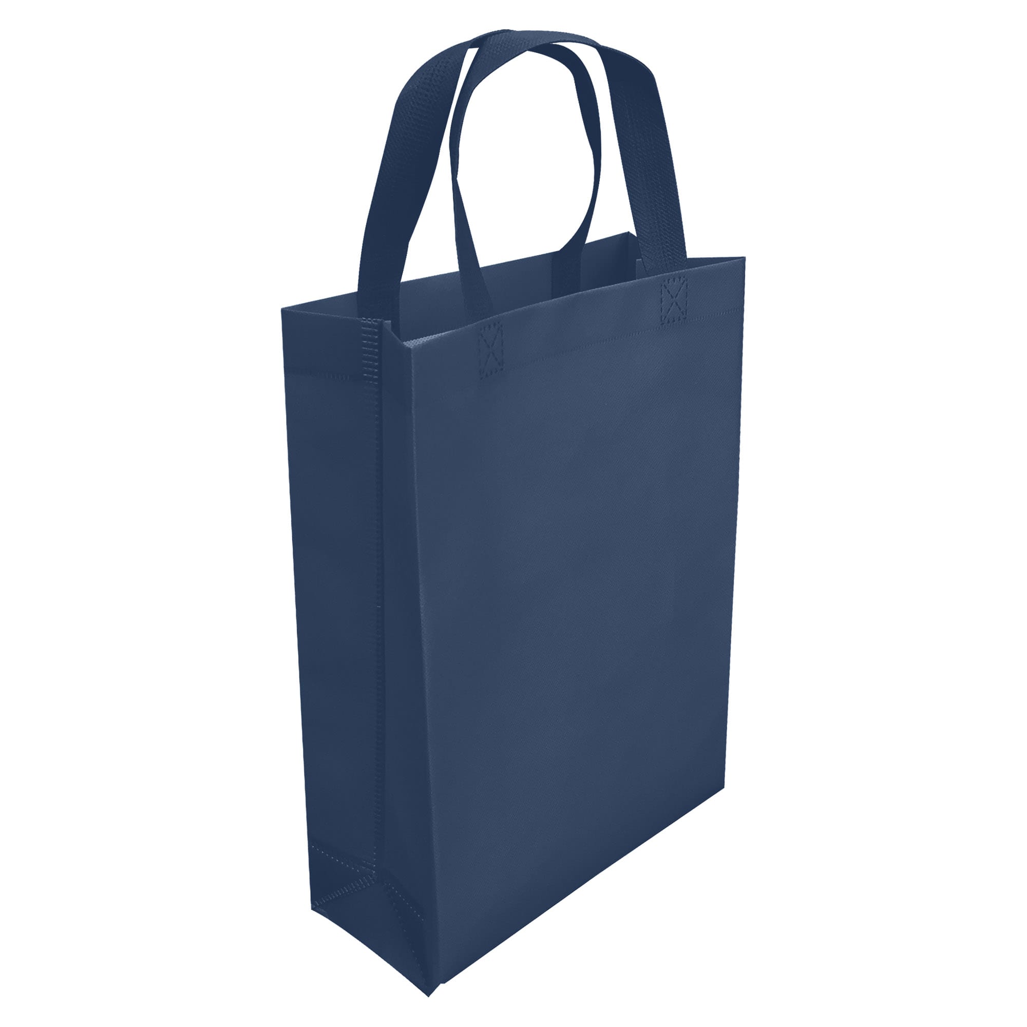 A navy laminated non-woven trade show bag with sturdy handles and a simple design.