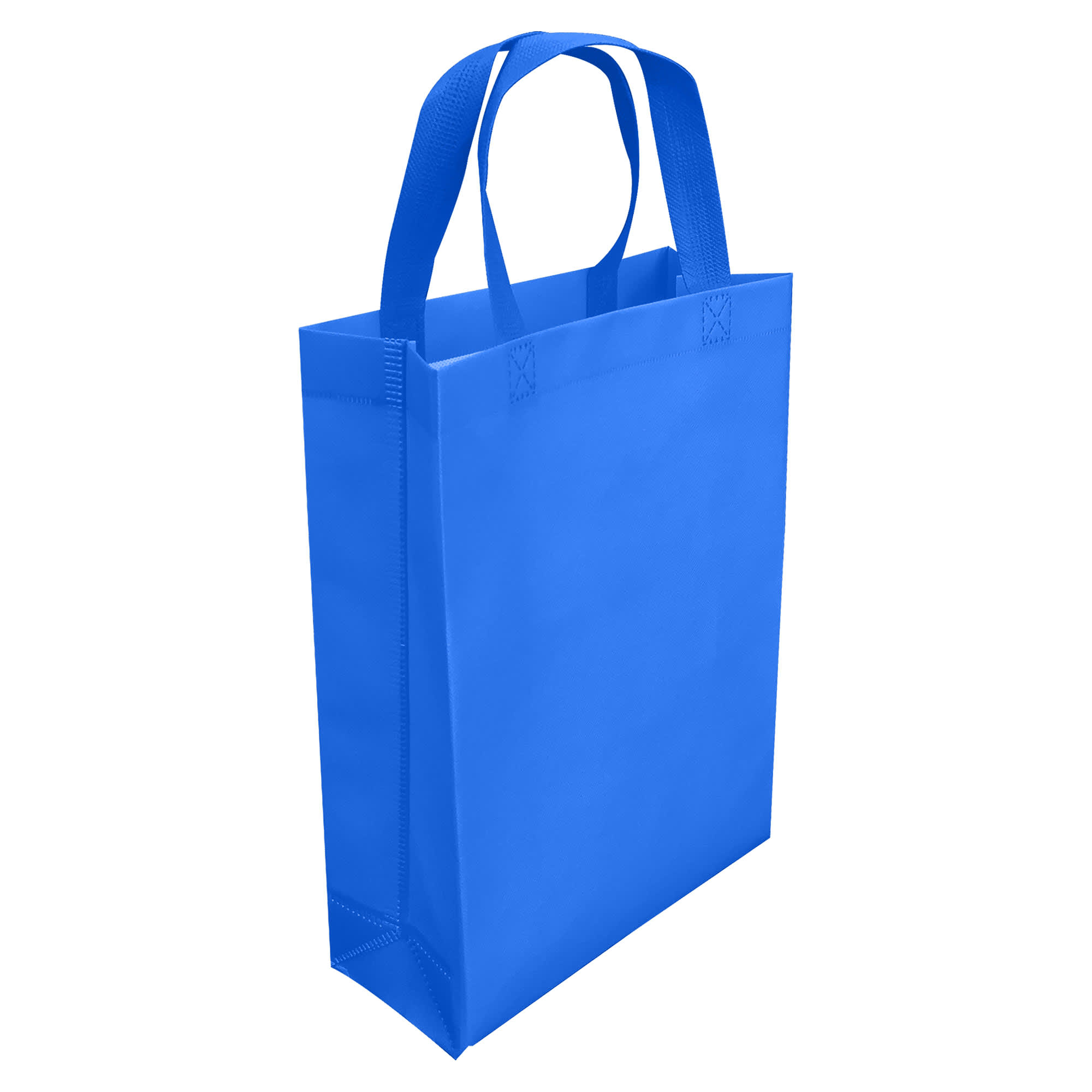 A blue laminated non-woven trade show bag with two handles. The bag has a structured base and is logo free.