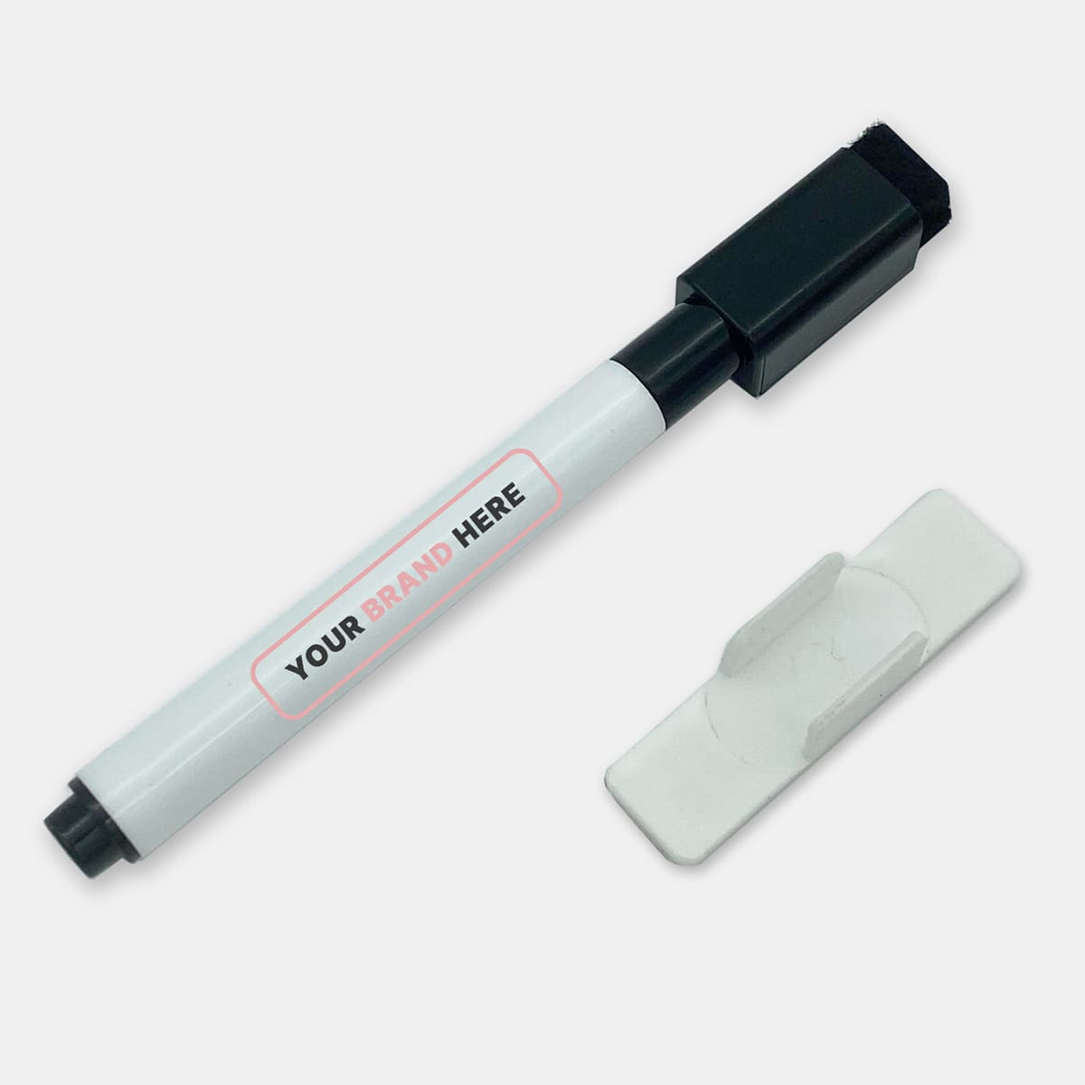 A white magnetic whiteboard marker with a black cap and a white marker holder. It features a logo.