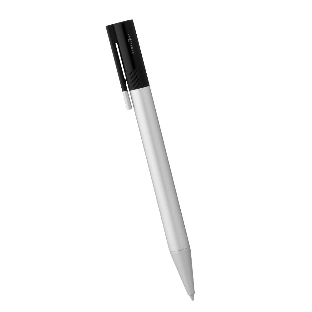 A silver ballpoint pen with a black clip and grip, featuring a logo on the barrel.