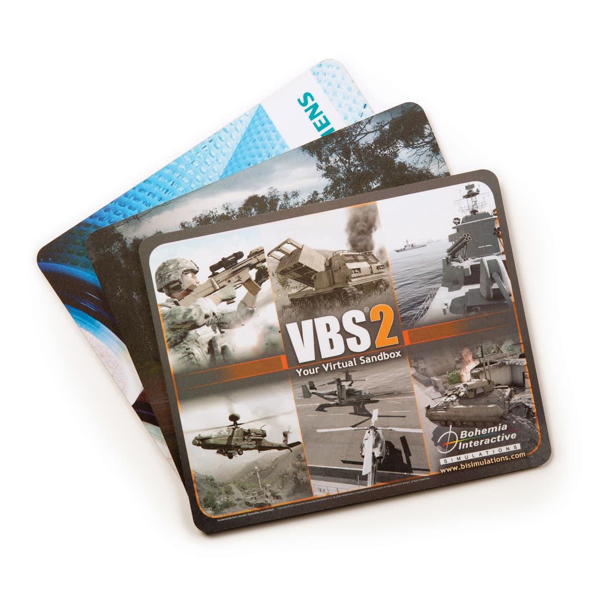 A mouse mat featuring a design with military graphics and scenes, with a dark border and a logo.