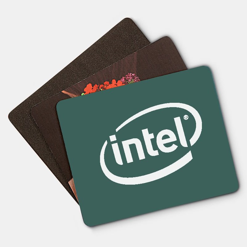 Three fabric mouse mats in various designs and colours, including one with an Intel logo.