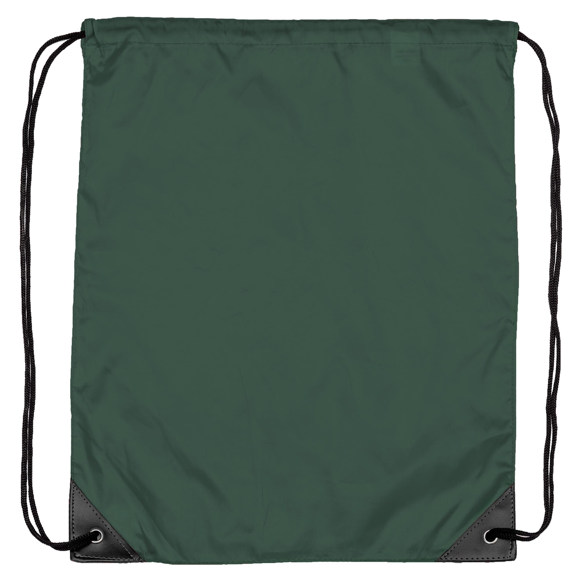 A green nylon drawstring bagsack with black corners and drawstrings. It has a simple, unadorned design.