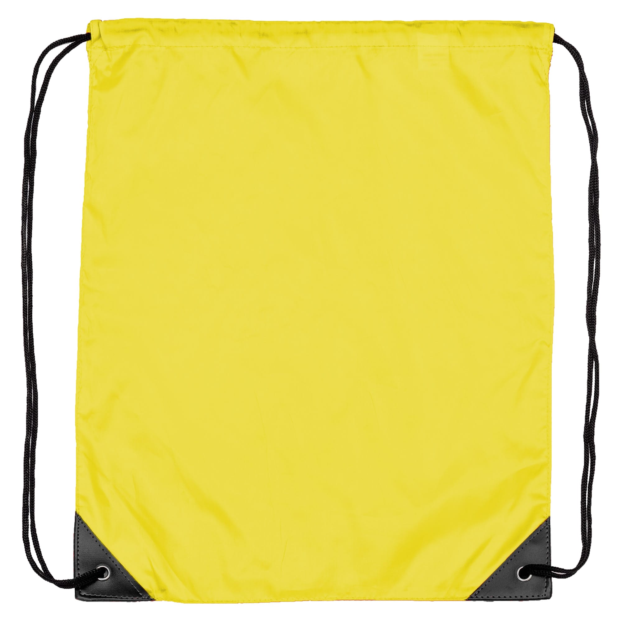 A yellow nylon backsack with black corner accents and drawstring straps. It has a logo branding visible.
