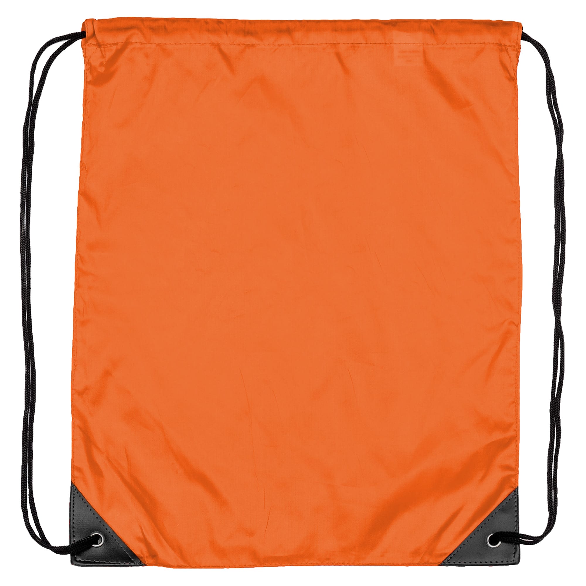 An orange nylon backsack with black corners and drawstring closure. Features a logo.