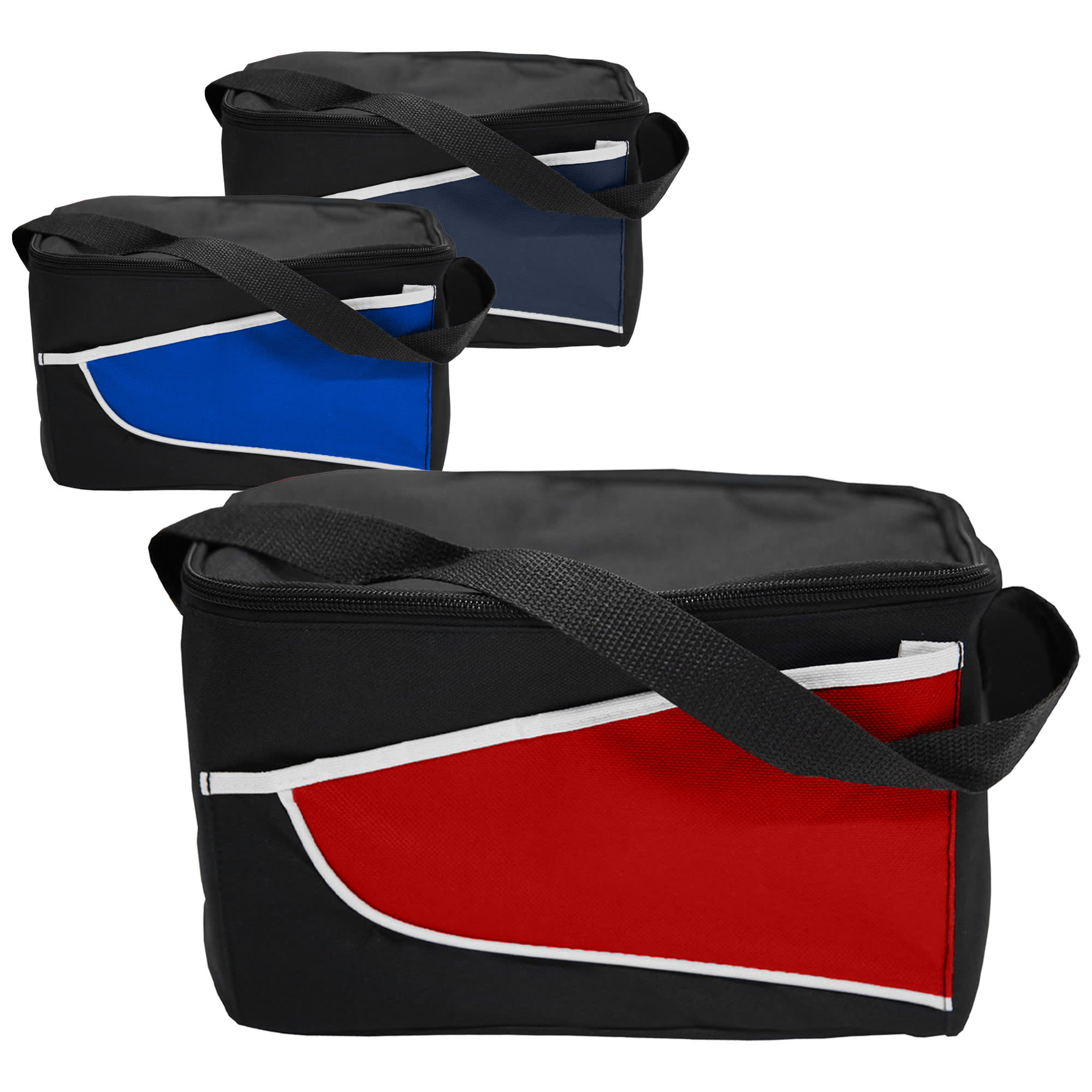 A nylon cooler bag in three colours: red, blue, and black, featuring a contrasting design and a shoulder strap.