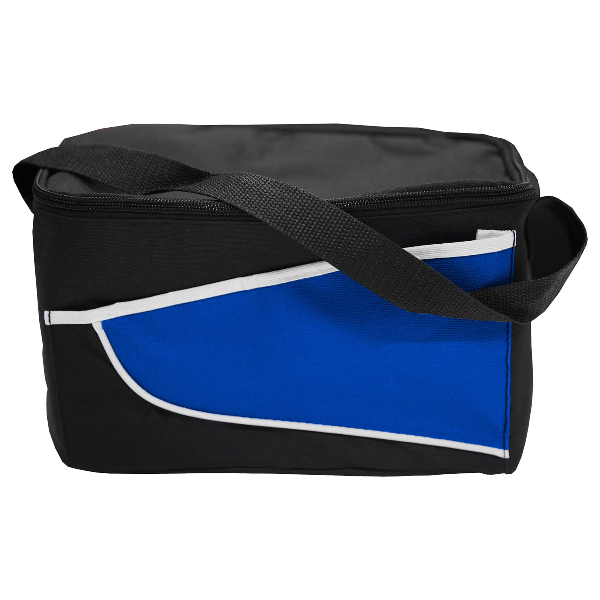 A nylon cooler bag in black with a blue accent and a shoulder strap. It features a logo on the front.