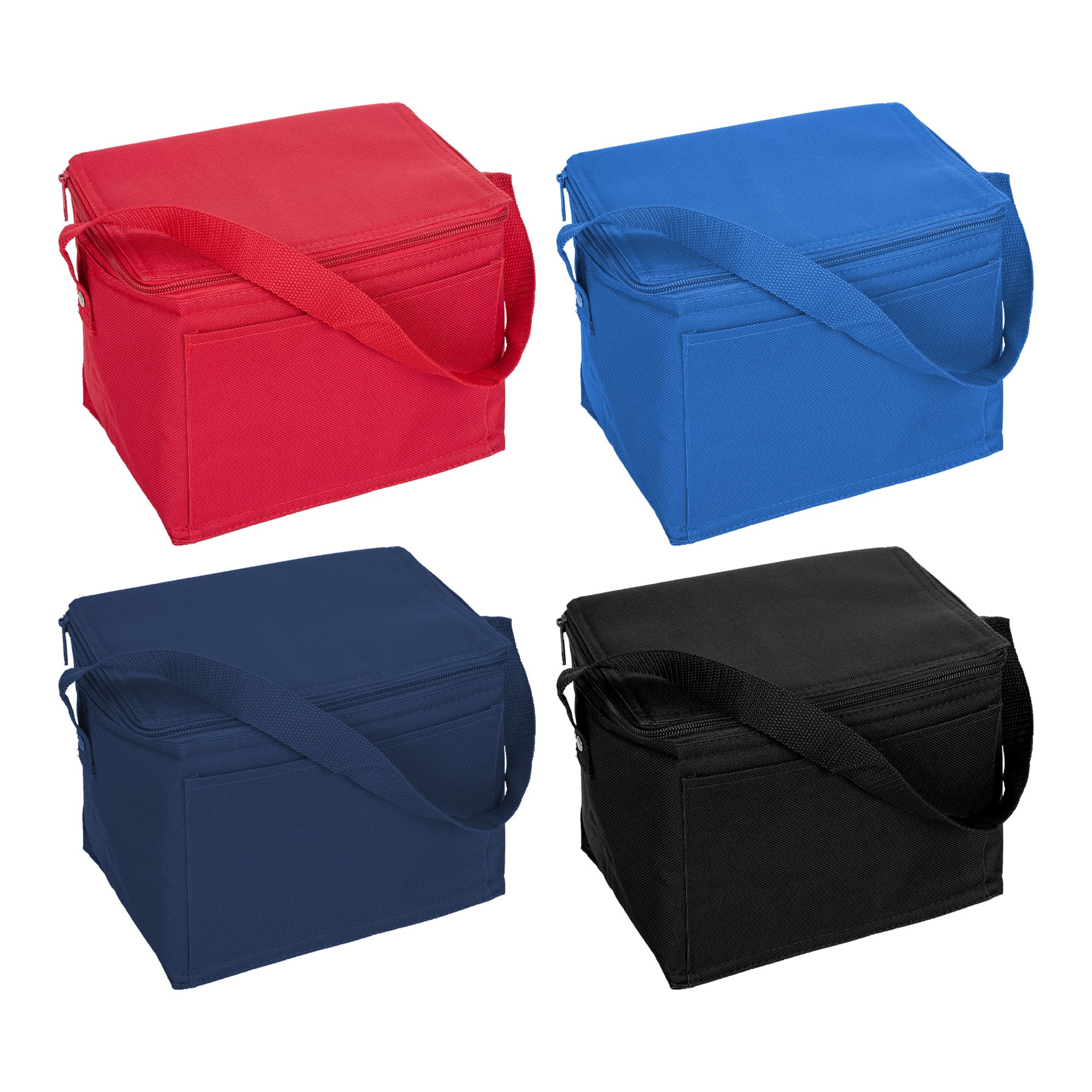 A set of four nylon cooler bags in red, blue, navy, and black, each with a shoulder strap and a logo.