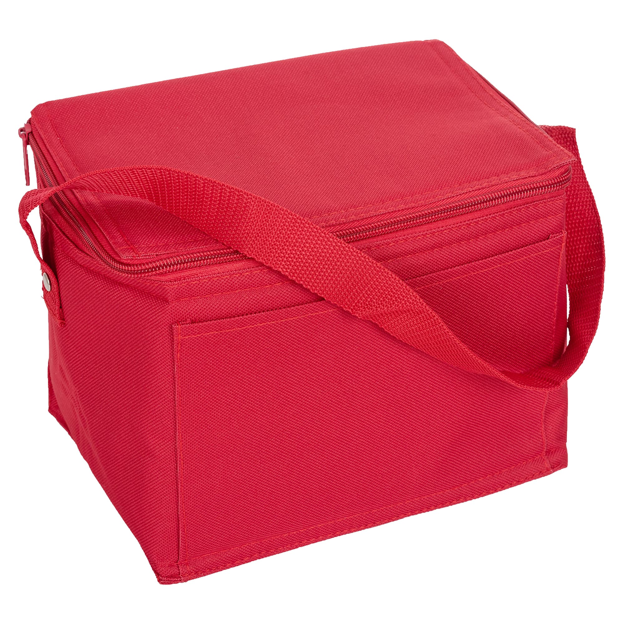 A red nylon cooler bag with a zip closure and a detachable shoulder strap. It has one side pocket and a logo.