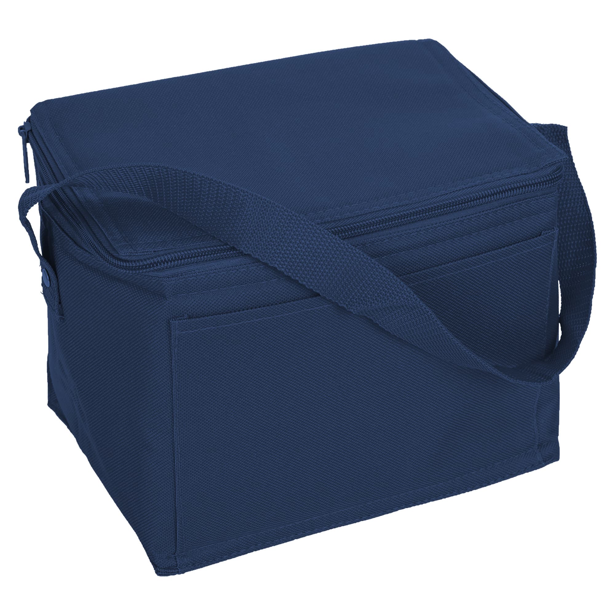 A navy nylon cooler bag with a zip closure and a detachable strap. It features one side pocket and a logo.