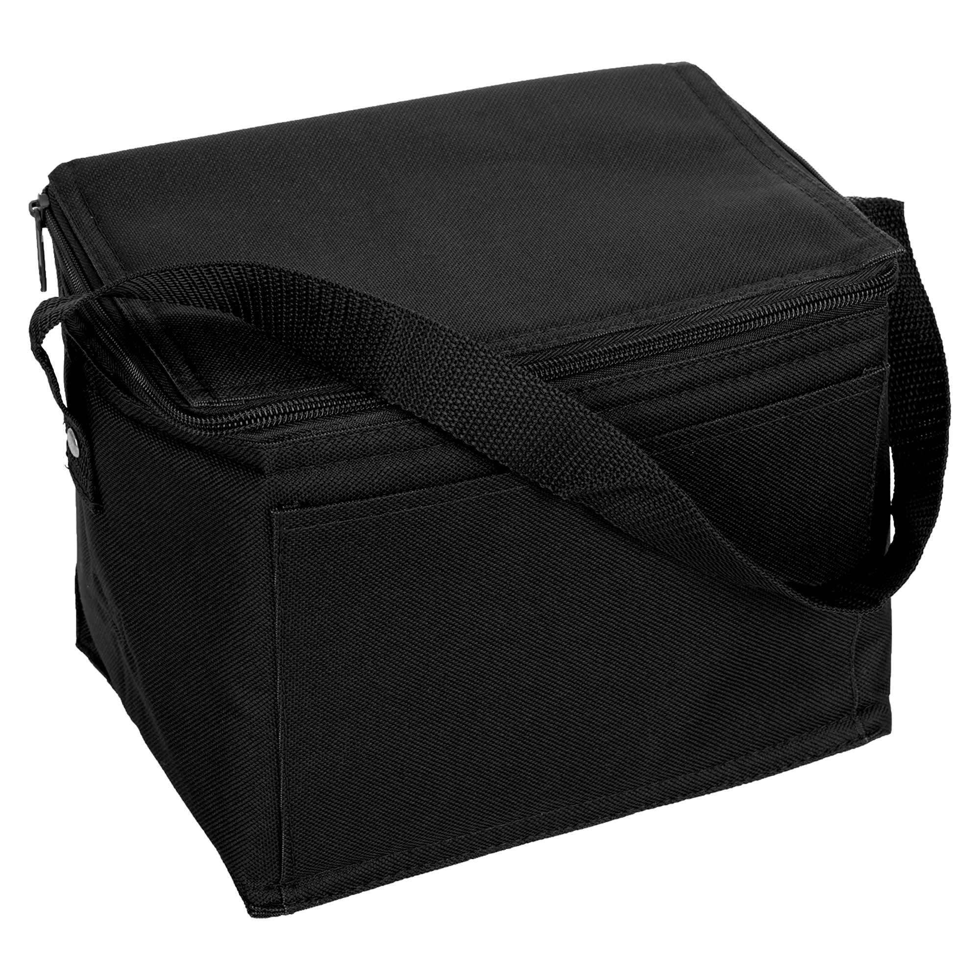 A black nylon cooler bag with a zippered top and an adjustable strap, featuring a side pocket and logo.