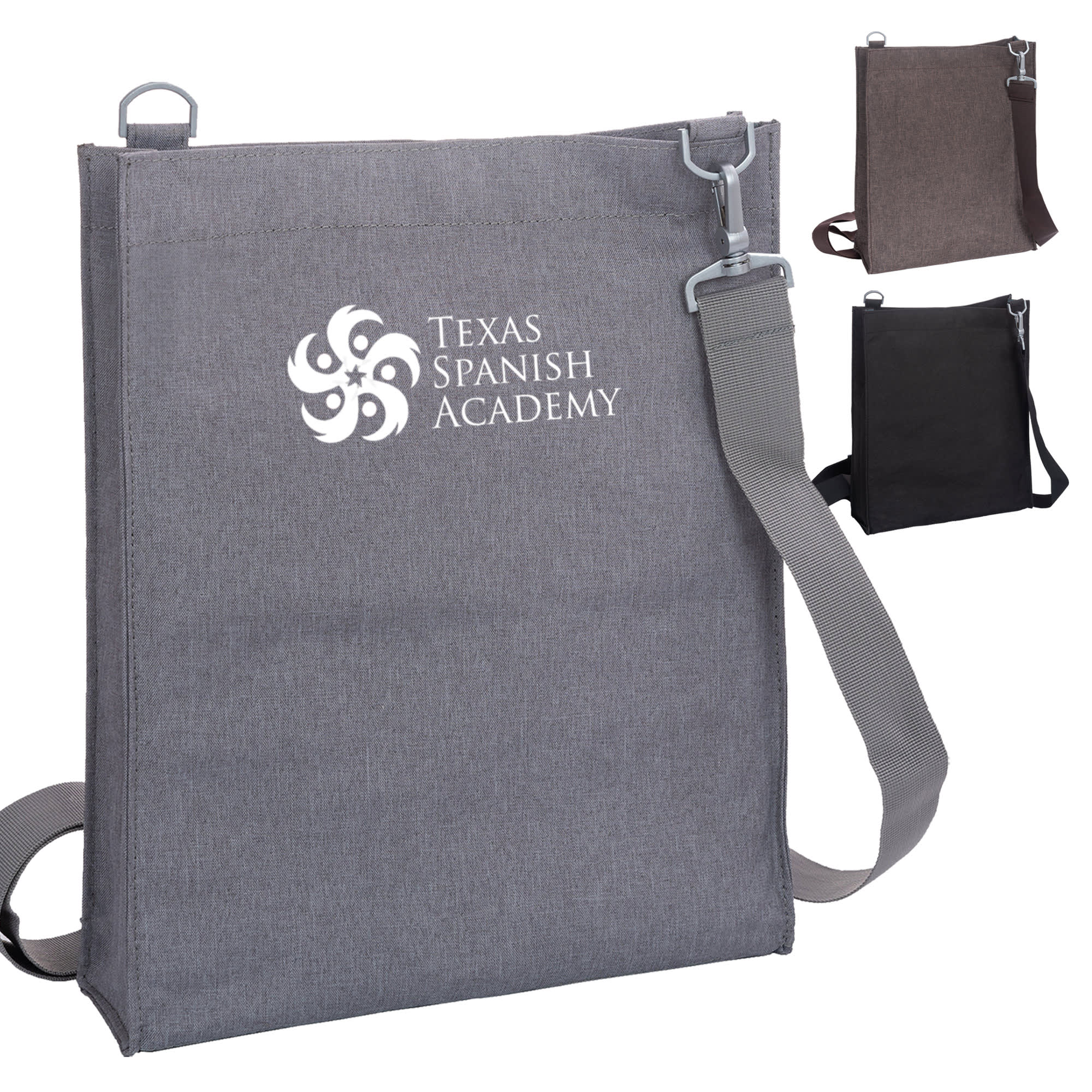 A grey nylon library bag with a shoulder strap, featuring a logo, alongside black and brown versions.