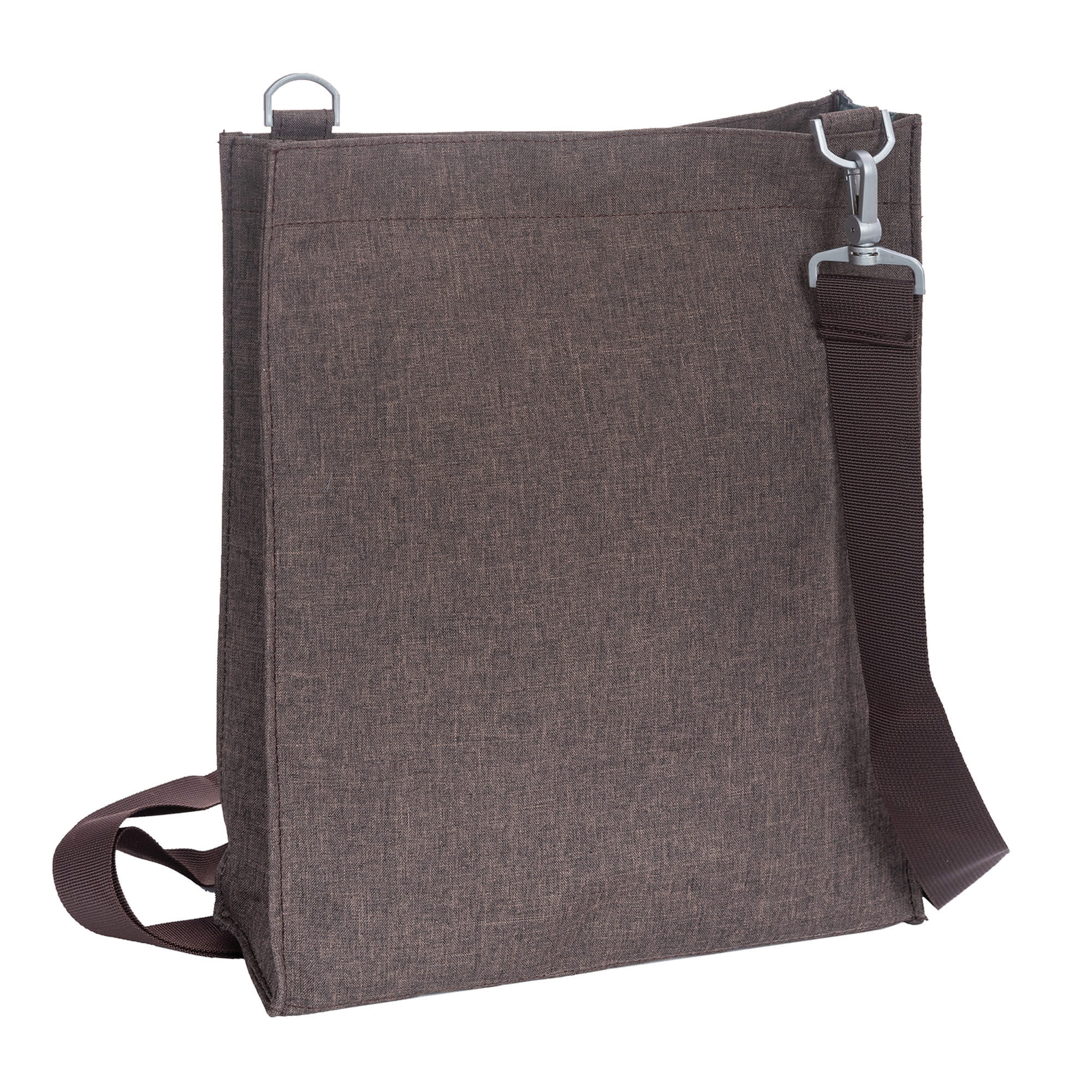 A brown nylon library bag with a shoulder strap and a metal clip, featuring a simple design and a branding logo.