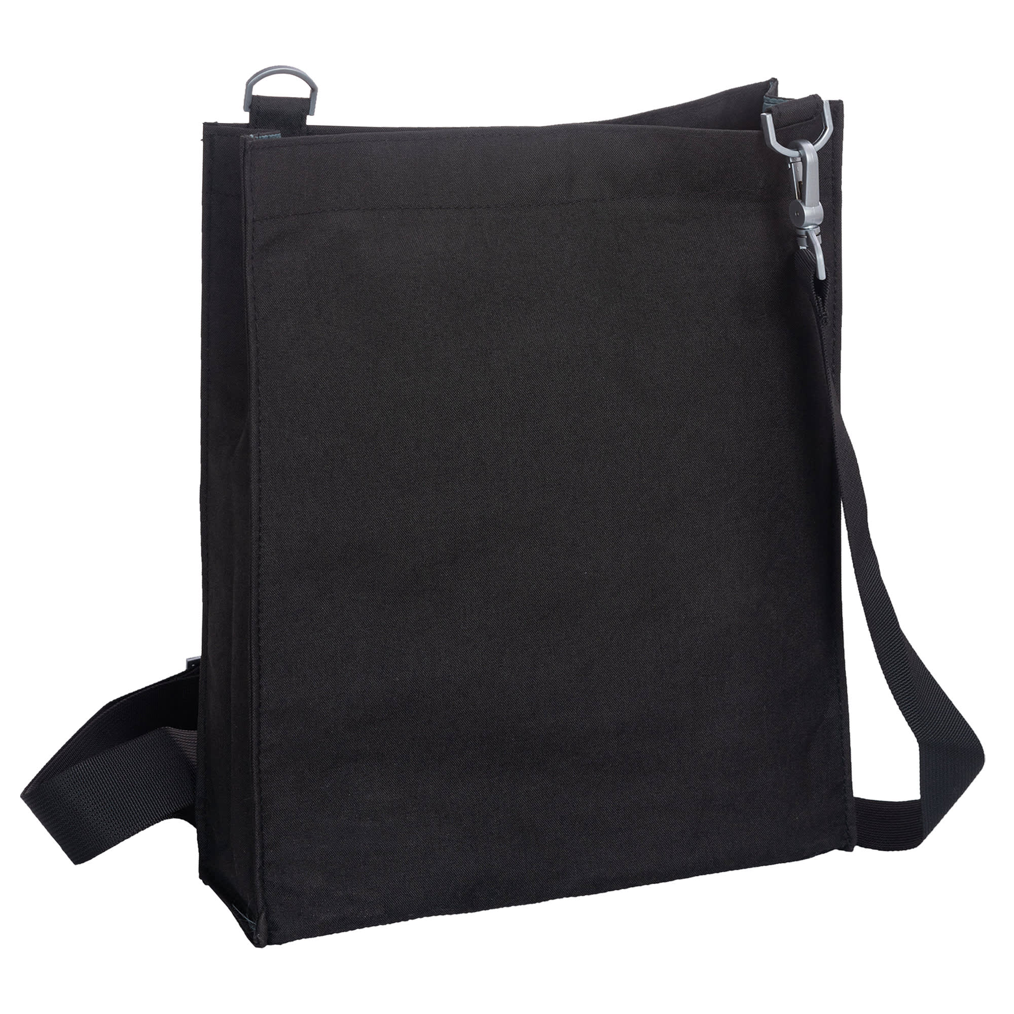 A black nylon library bag with a shoulder strap and a side clip for fastening. Features a plain design.