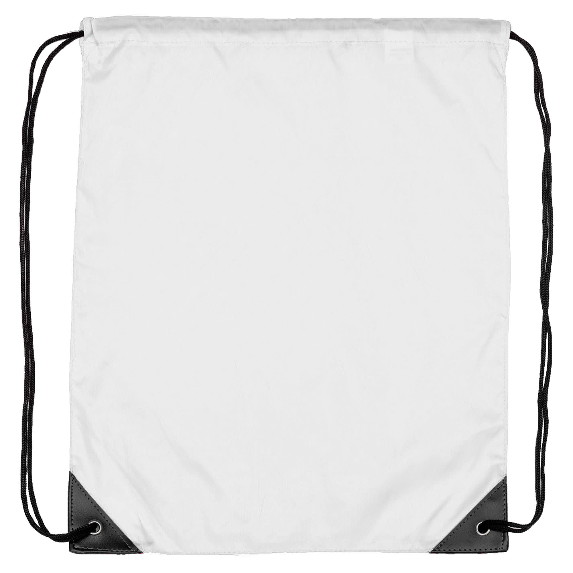 A drawstring backpack in white with black corner accents and matching black drawstrings.