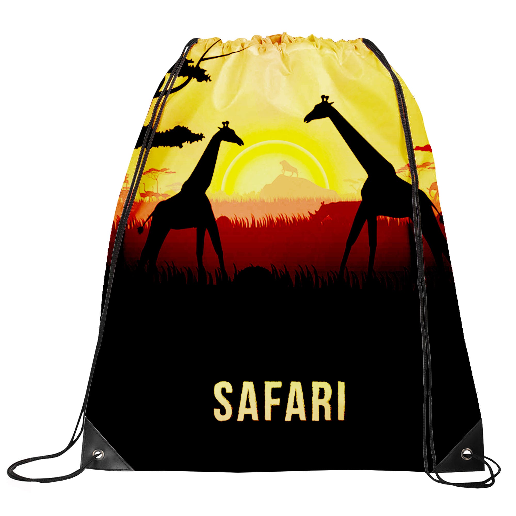 A drawstring backsack featuring a sunset scene with giraffes and the word 