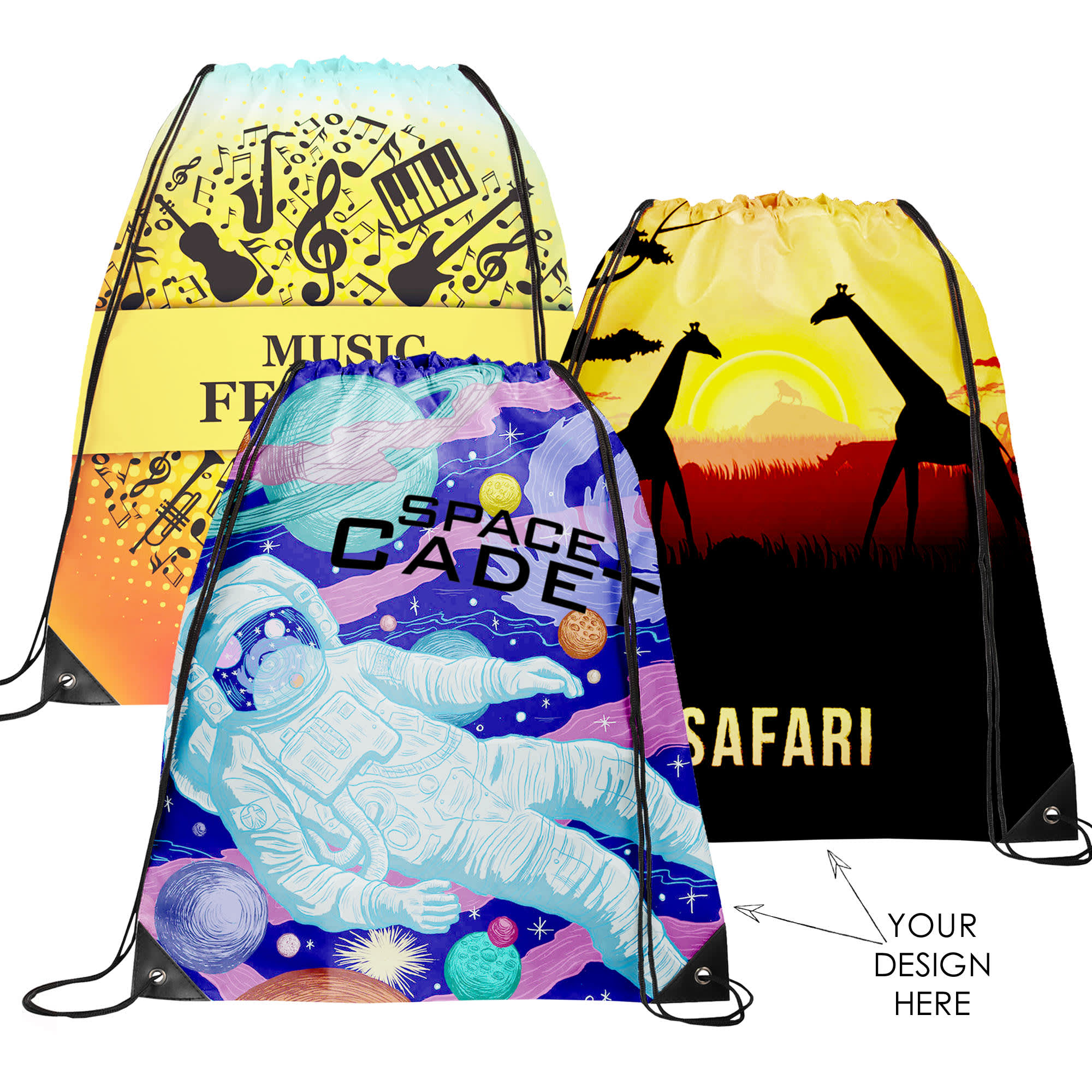 Three drawstring bags in vibrant designs featuring music notes, a space theme, and a safari scene with giraffes at sunset. Each bag has a logo.