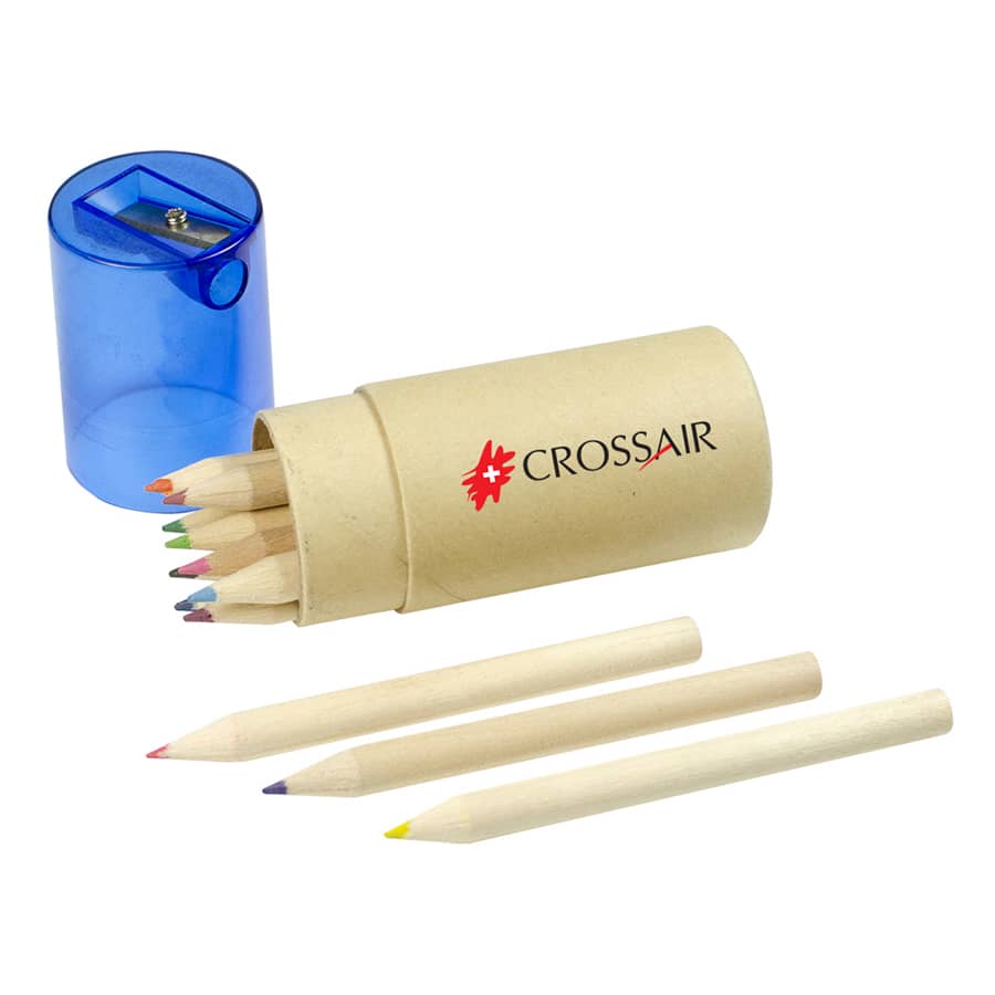 A 2 in 1 pencil set featuring coloured pencils in various shades, packaged in a cardboard tube with a sharpener.