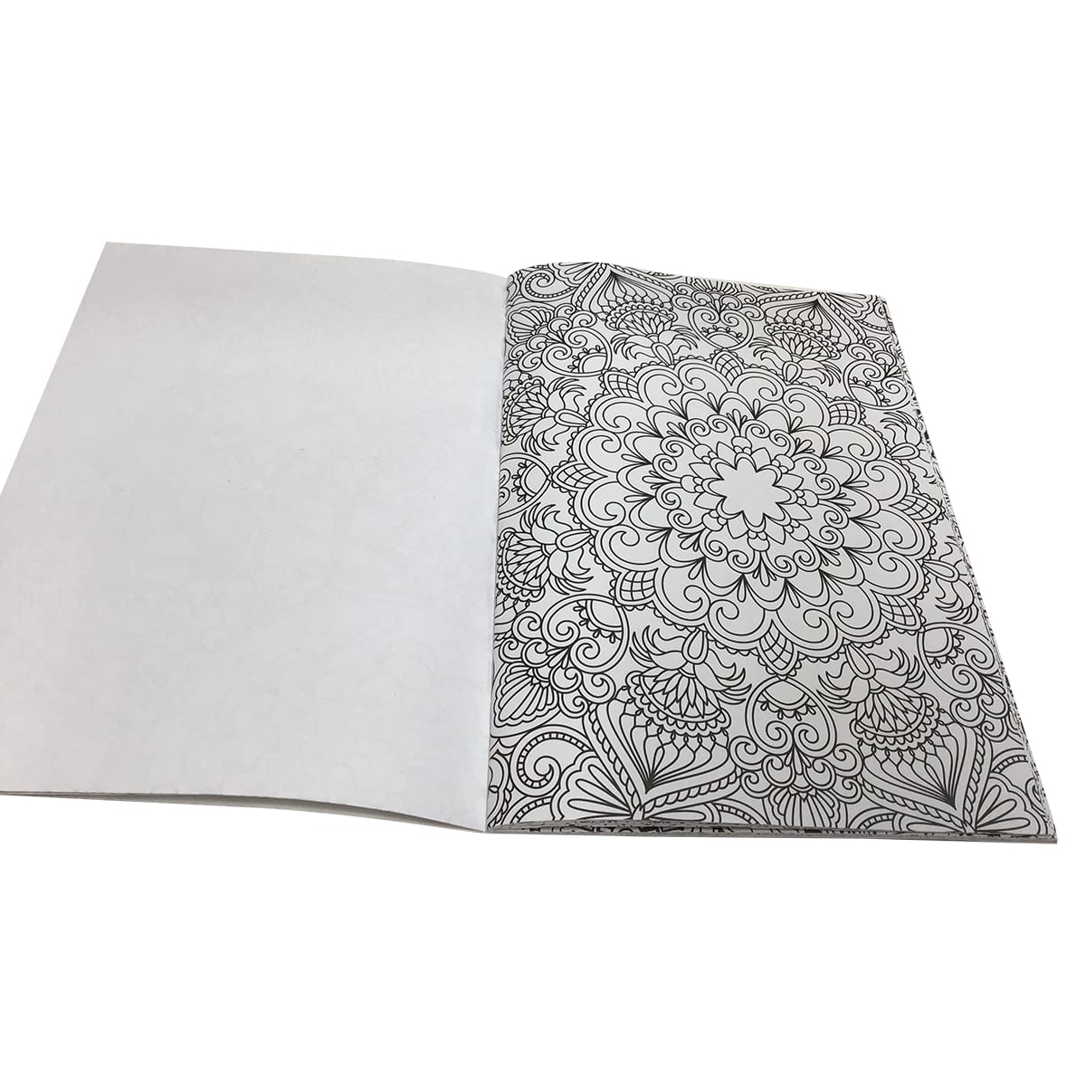 A5 colouring book featuring intricate black and white patterns on one page, with a blank page opposite.