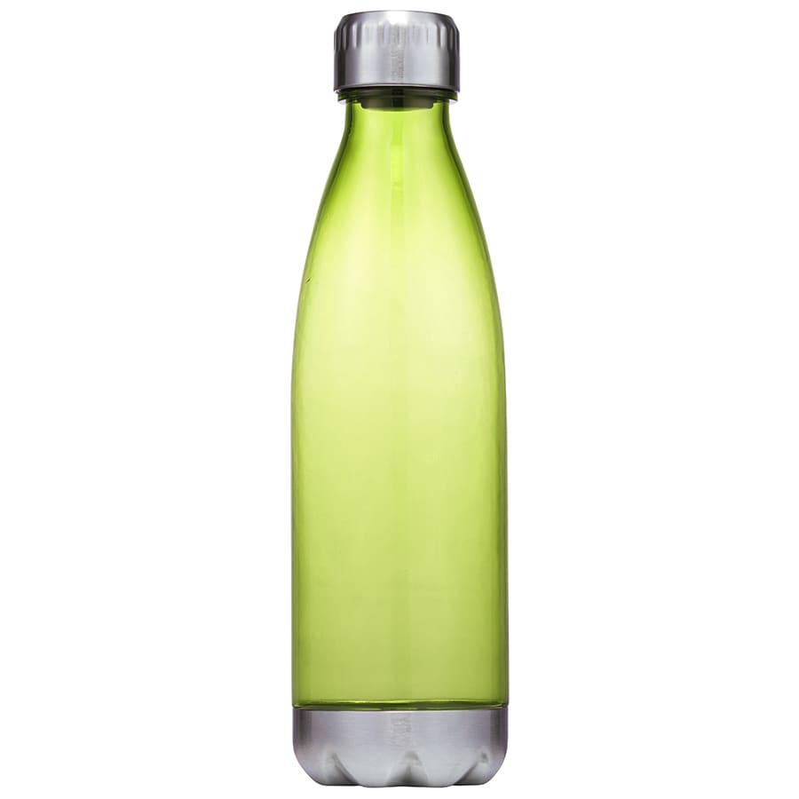A drink bottle in a vibrant green colour with a silver cap and base, featuring a logo.