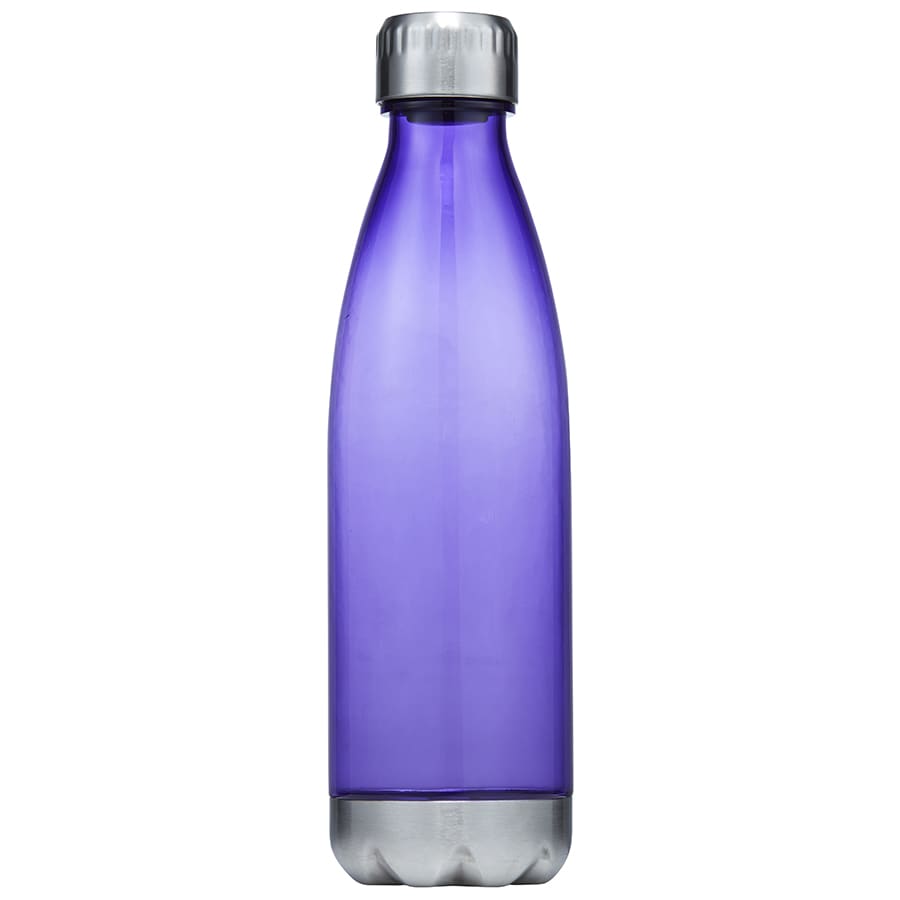 A drink bottle featuring a sleek purple design and a metallic silver lid. It has a logo on the surface.