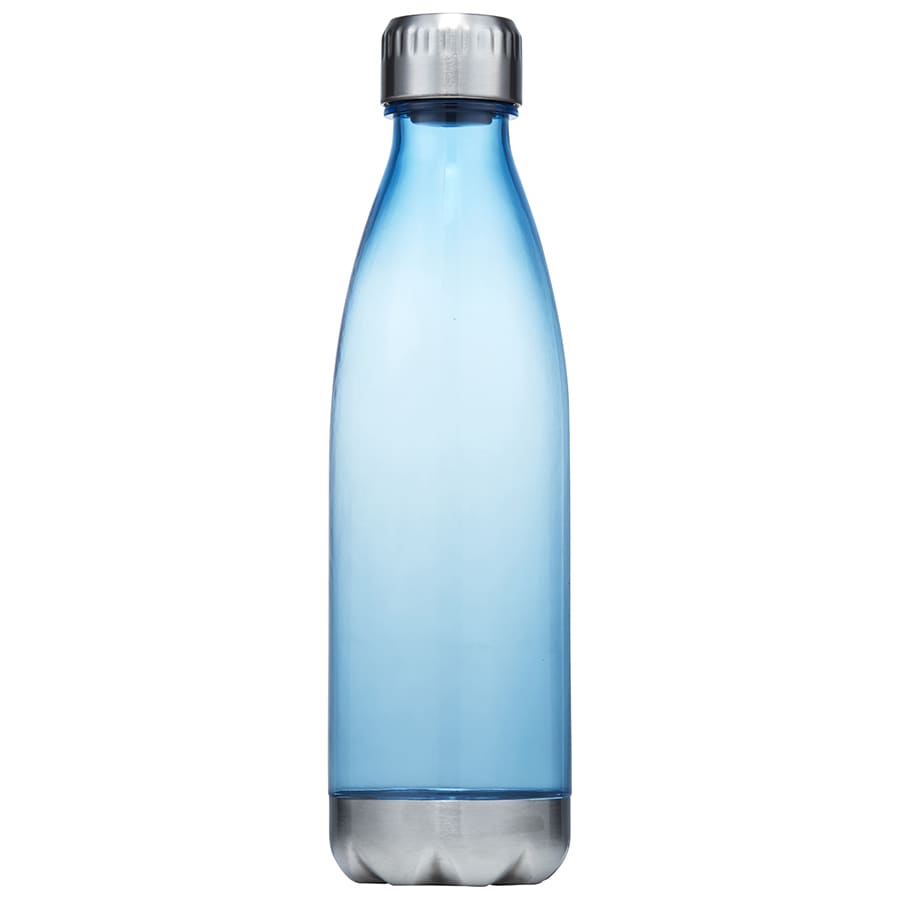 A drink bottle made of plastic with a sleek design, featuring a light blue colour and a silver cap.