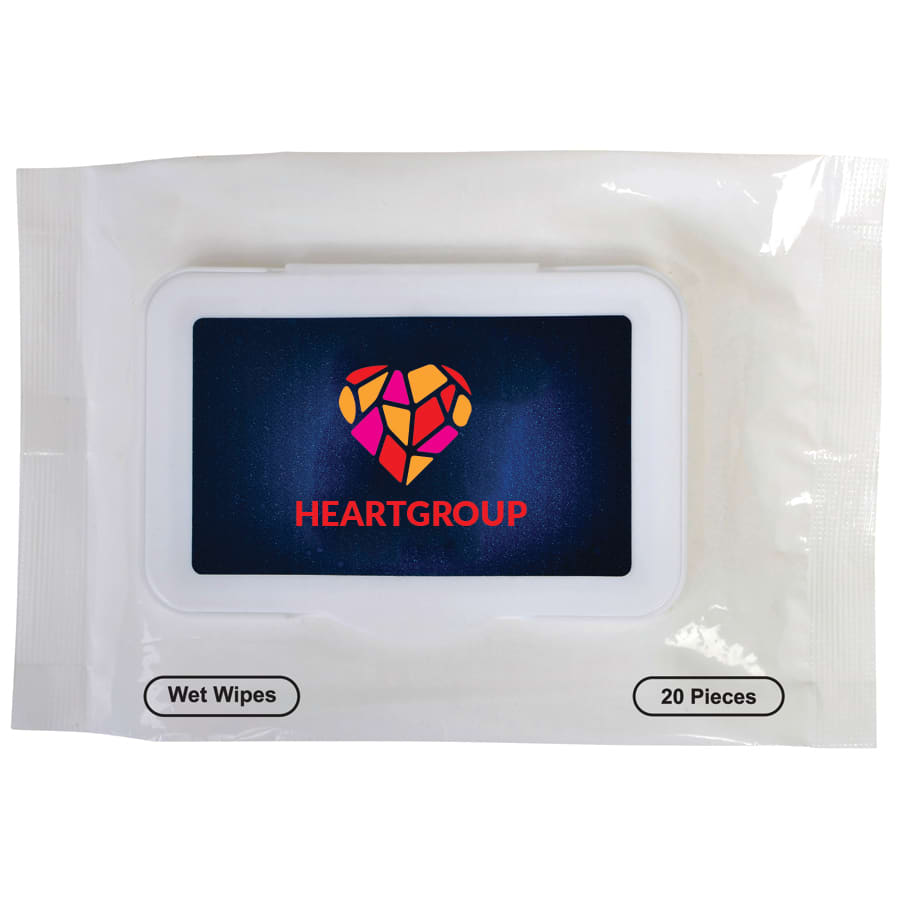 A packet of antibacterial wipes featuring a colourful logo, containing 20 pieces. The packet is white with a dark design.