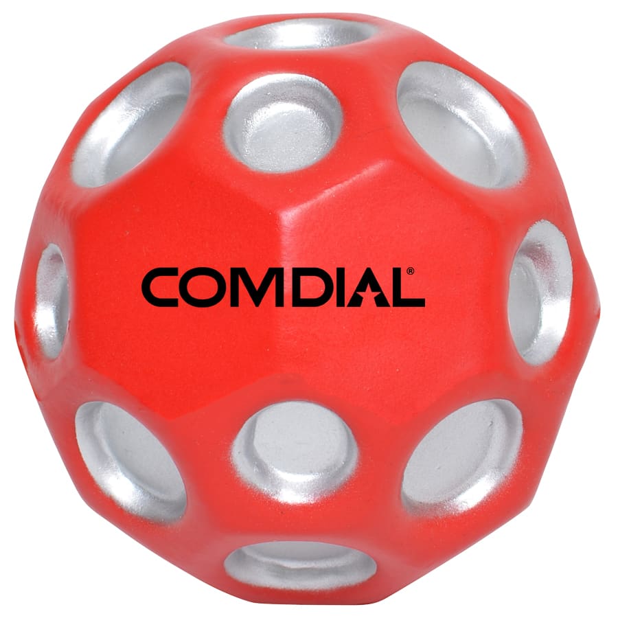 A red high bounce ball with silver accents, featuring a logo on its surface, designed for fun and stress relief.