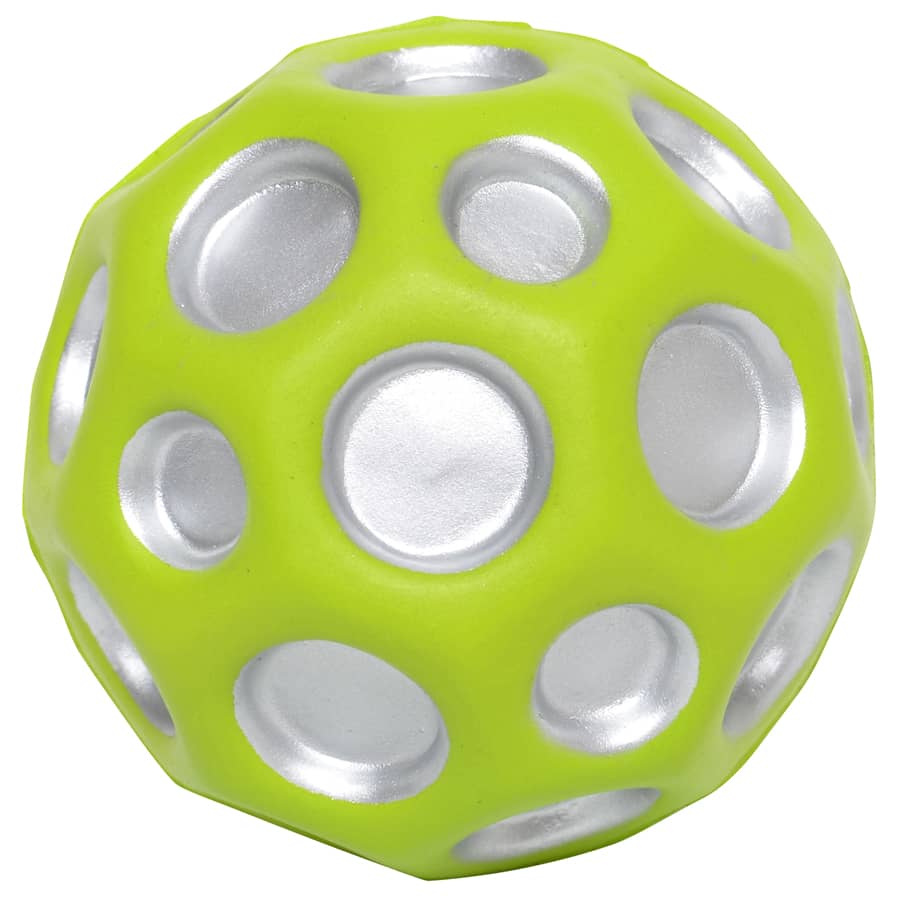 A high bounce ball featuring a bright green and silver design with multiple holes for a unique textured look.