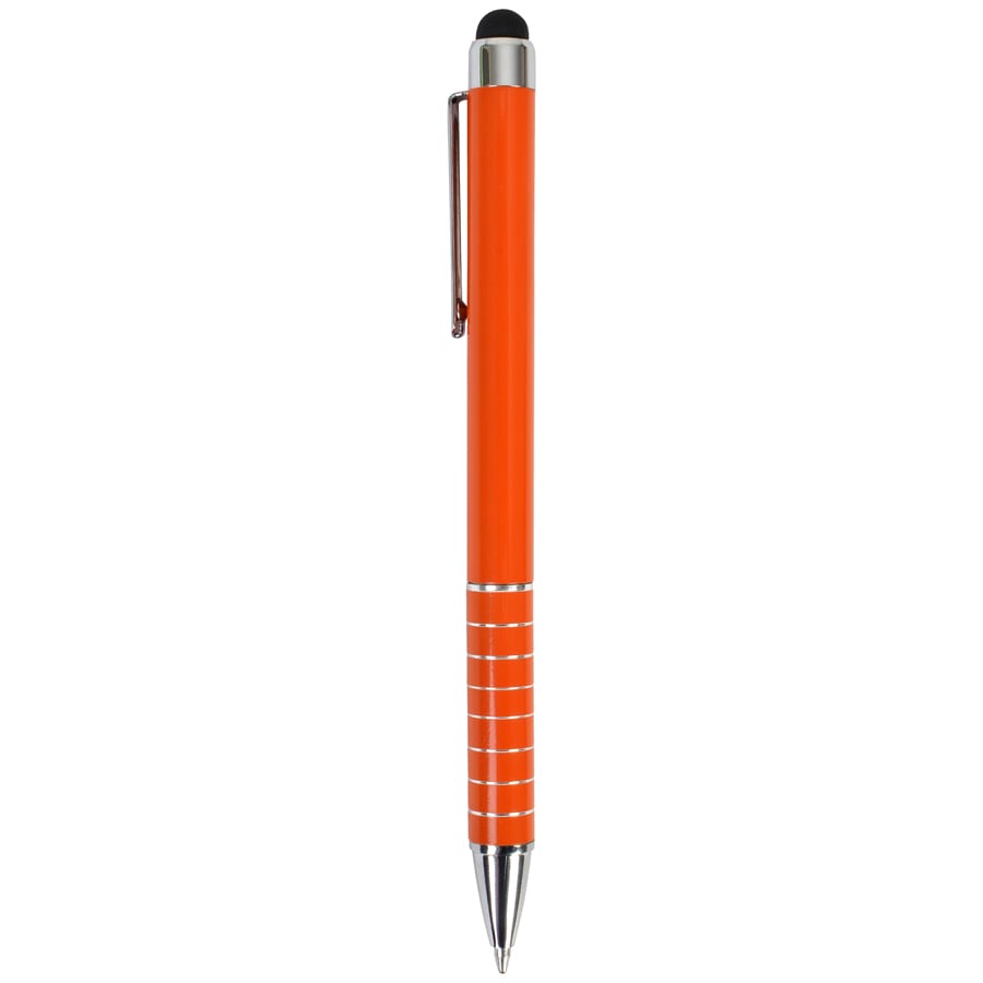 An orange Malibu stylus pen with a silver clip and grip detailing. It features a stylus tip on one end.