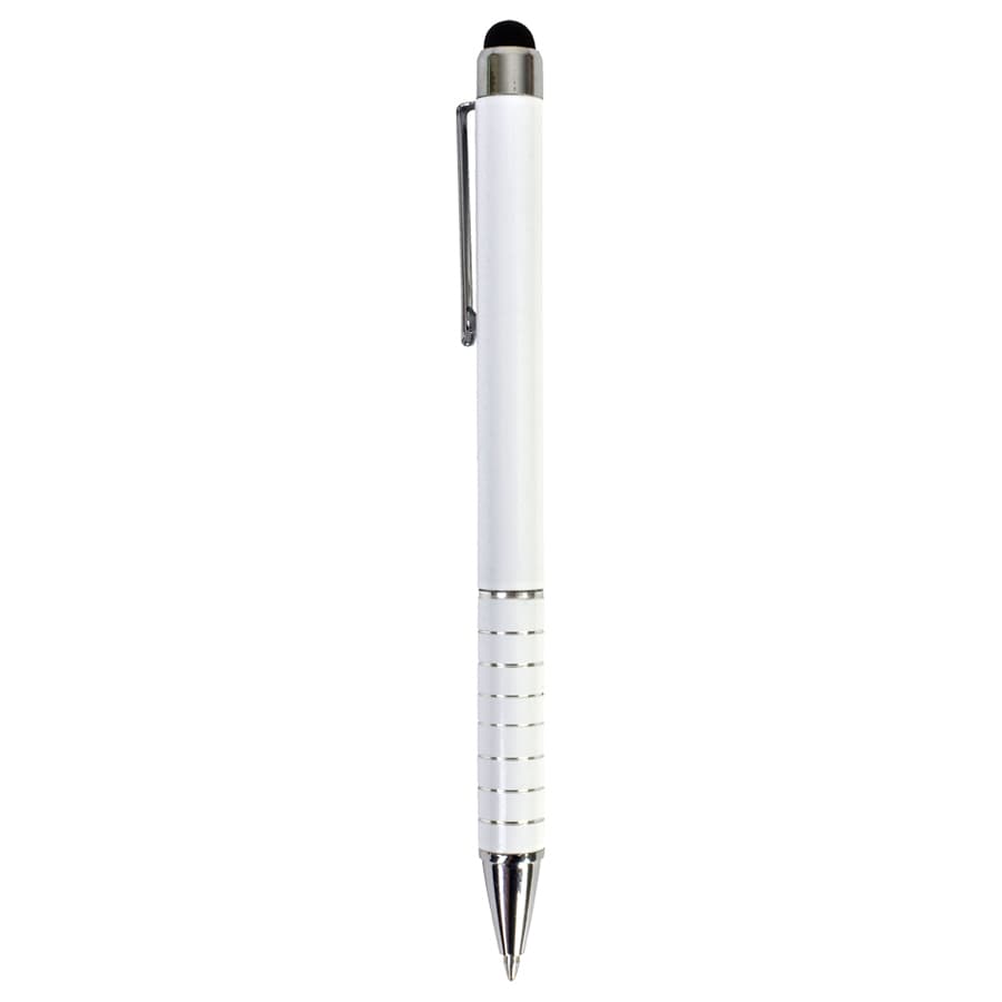 A white stylus pen with a silver clip and tip, featuring a textured grip and a branding logo.