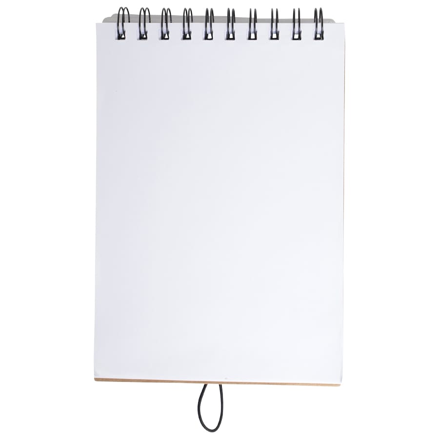 A spiral-bound blank notepad with a white cover and pages, featuring a black binding.