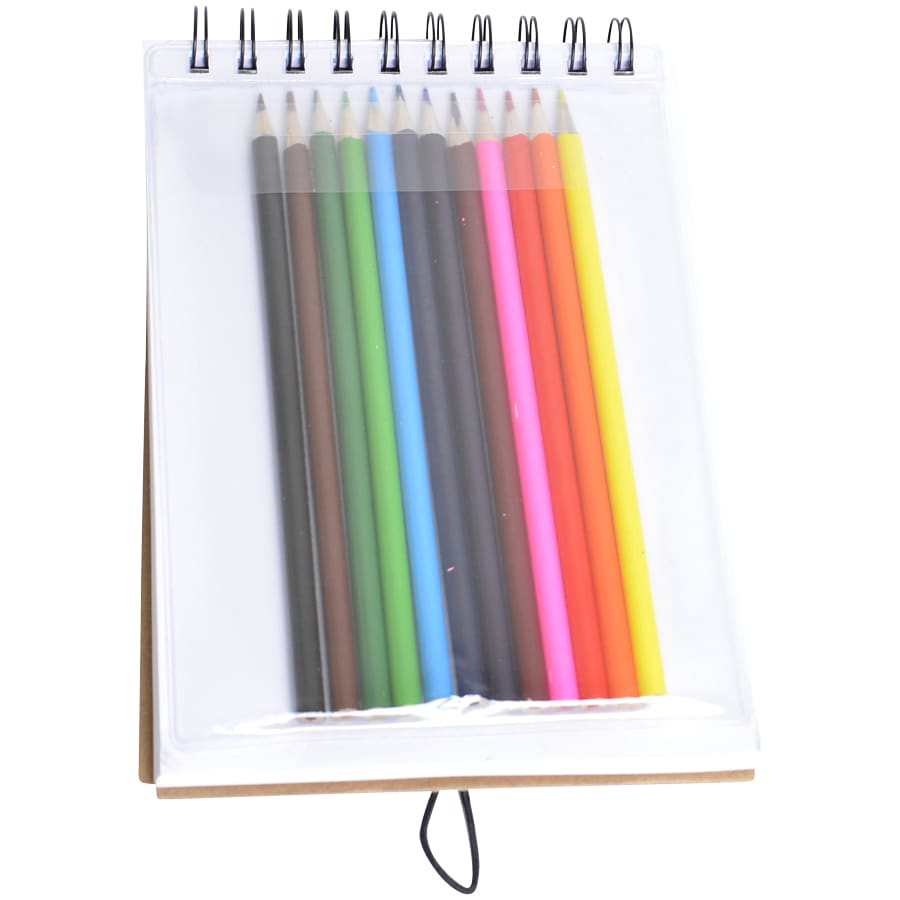 A sketch pad with a clear cover, featuring ten coloured pencils in various shades, including pink, green, and yellow.