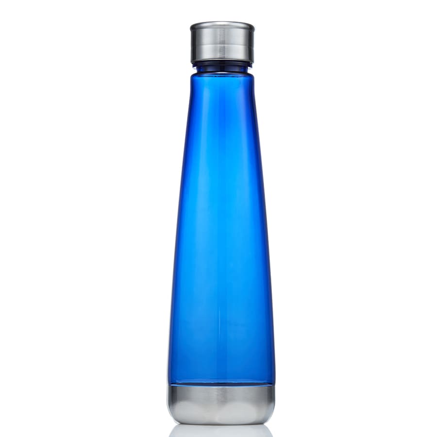 A drink bottle made of blue Tritan with a silver cap and a sleek, tapered design, featuring a logo.