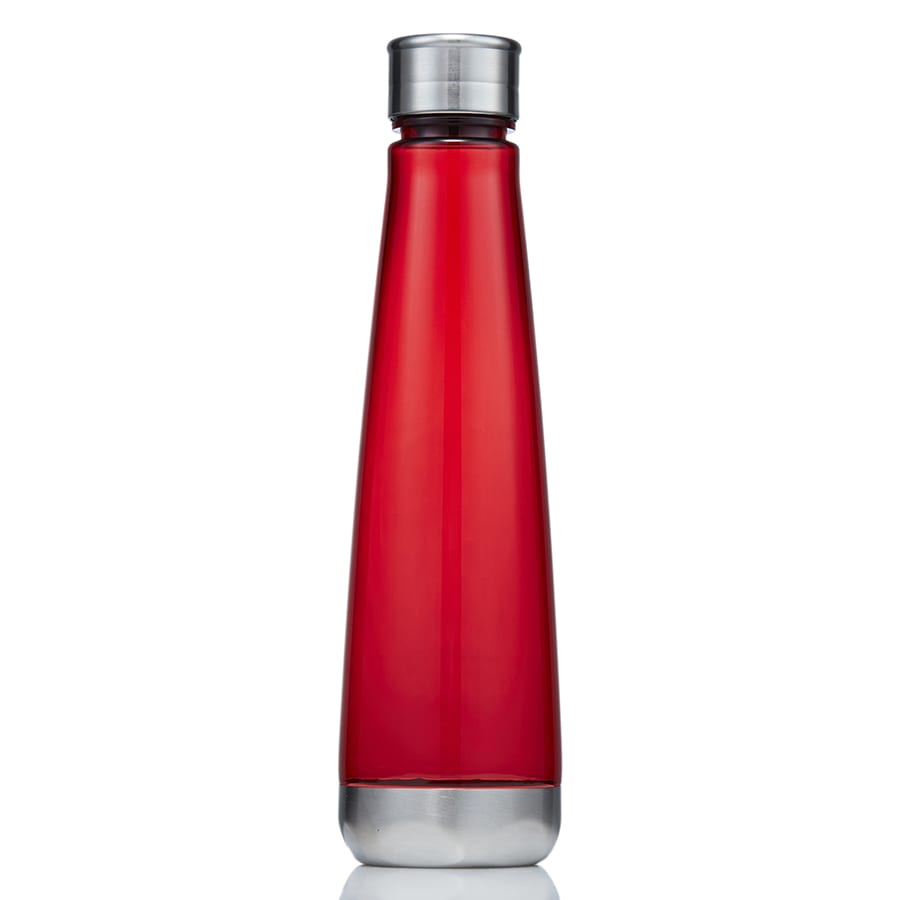 A drink bottle made of red Tritan material with a silver metallic cap and a sleek, tapered design.
