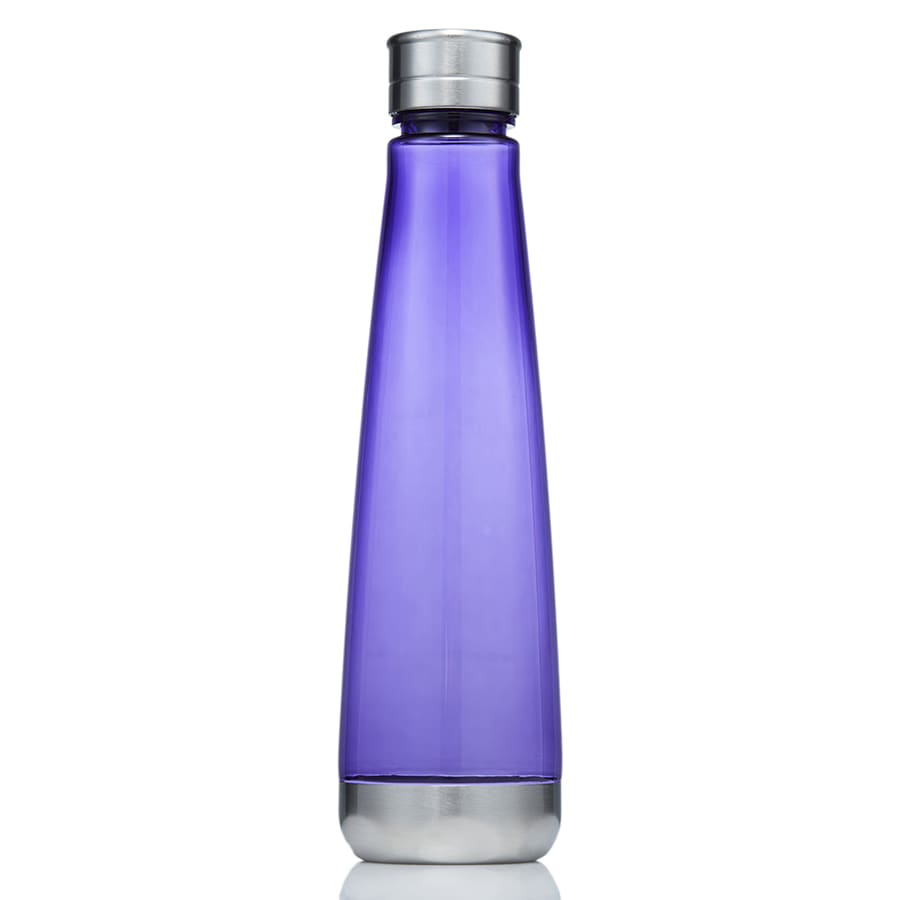 A drink bottle in purple with a silver cap and base, featuring a sleek design and a branded logo.