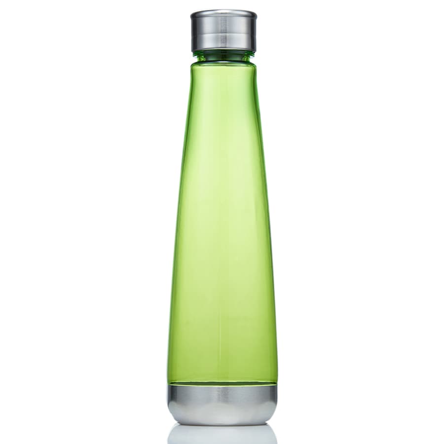 A drink bottle in a translucent green colour with a metallic silver cap and base, featuring a logo.