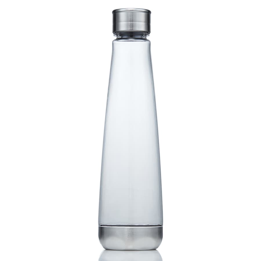 A drink bottle made of clear Tritan, with a stainless steel lid and a sleek, tapered design.