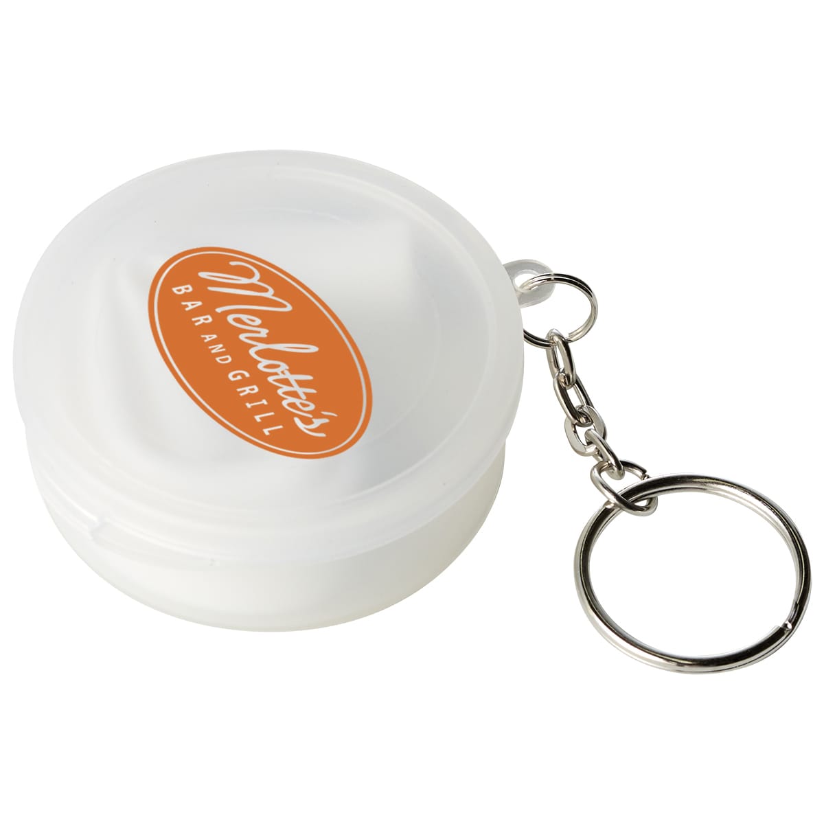 A round, clear case with a keychain and a logo, designed to hold a reusable silicone straw.
