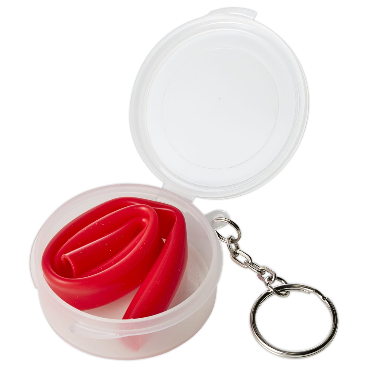 A red reusable silicone straw coiled inside a clear plastic case with a keyring attachment.