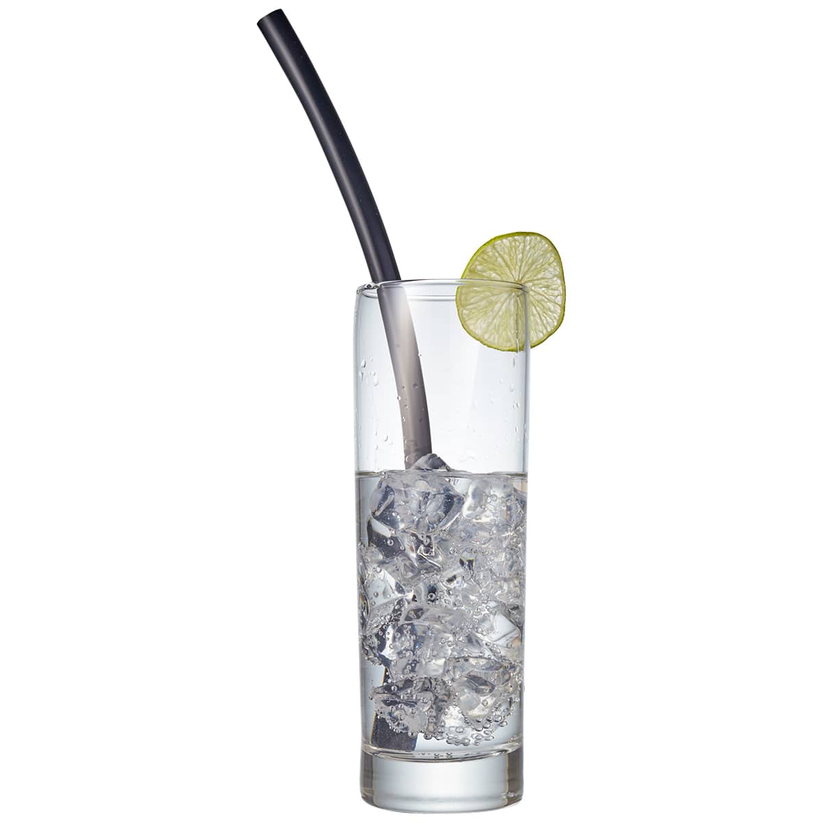 A drink bottle filled with ice and water, featuring a black reusable silicone straw and a slice of lime.