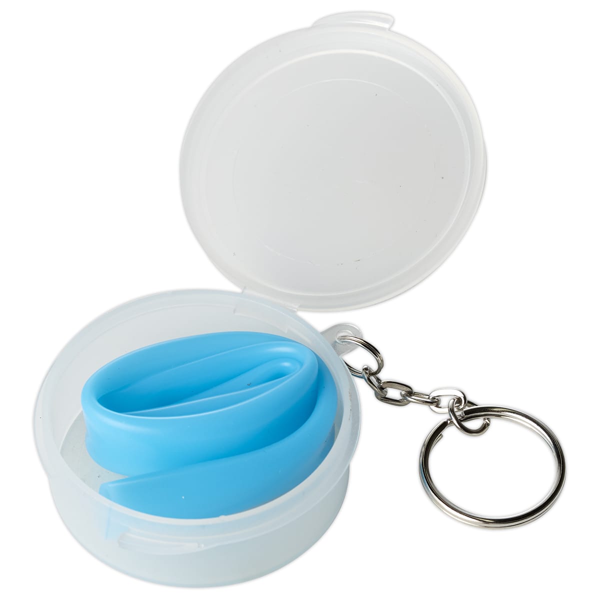A blue reusable silicone straw in a clear, round case with a keyring attachment.