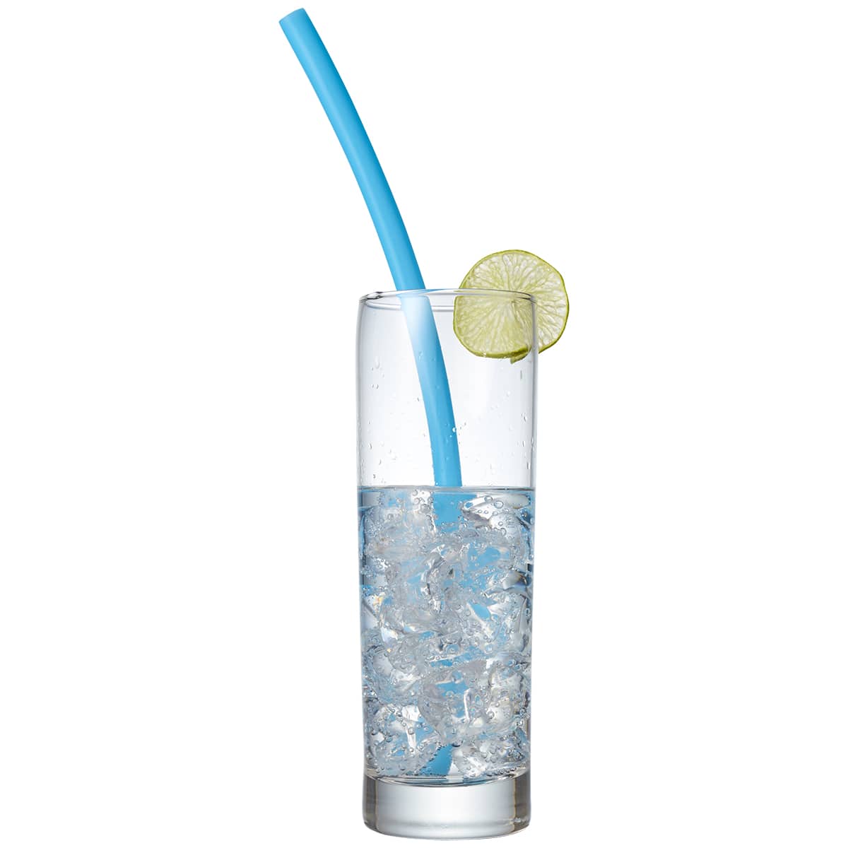 A drink bottle filled with icy water and a blue reusable silicone straw, garnished with a lime slice.