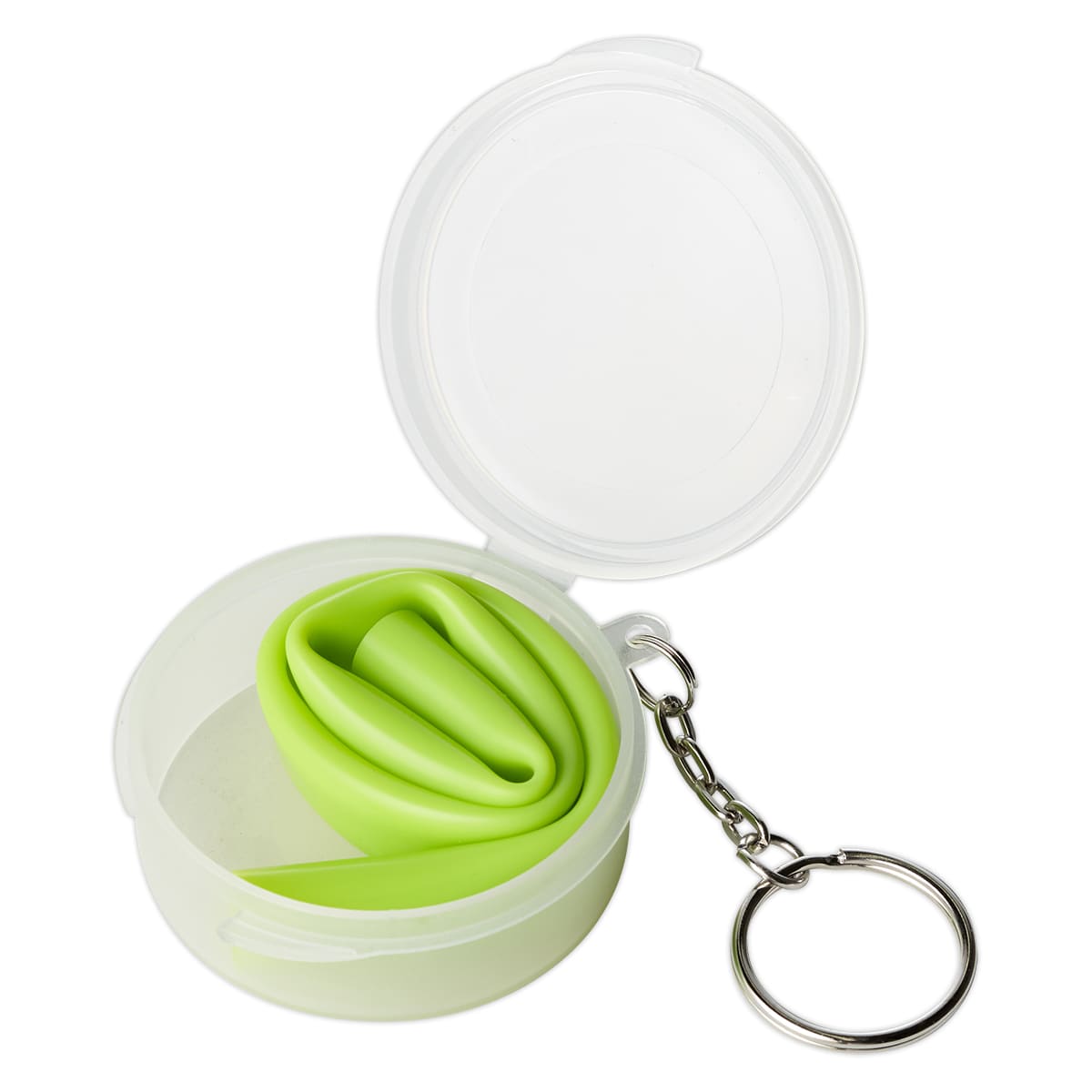 A green reusable silicone straw stored in a clear casing with a keychain attachment.