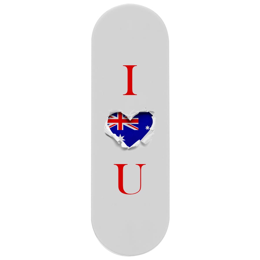 A white smartphone strap features a heart design with the Australian flag and text 